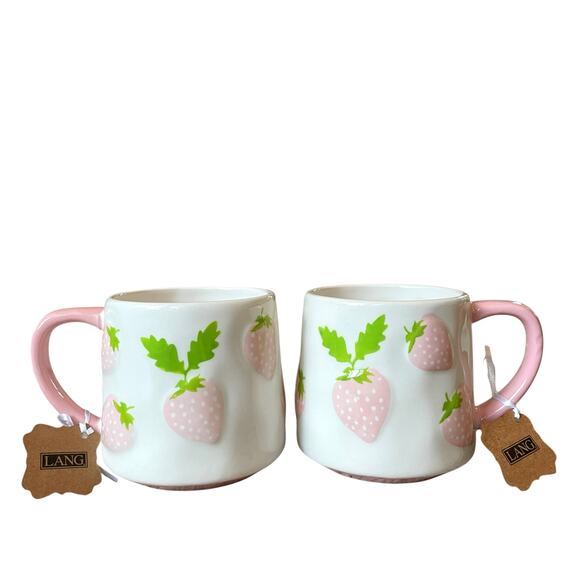 Lang Hand Painted PINK STRAWBERRY Ceramic Coffee Tea Mugs Set of 2 New - Picture 1 of 10